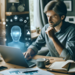 A focused small business owner in a home office setting, analyzing data and insights on a laptop equipped with AI software, highlighting the practicality of AI for small businesses.