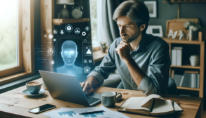 A focused small business owner in a home office setting, analyzing data and insights on a laptop equipped with AI software, highlighting the practicality of AI for small businesses.